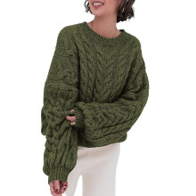 Women's chunky knit soft loose round neck pullover-Army Green S