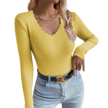 Women's loose long-sleeved V-neck knitwear-Yellow L