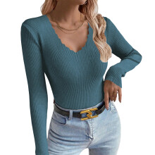Women's loose long-sleeved V-neck knitwear-Blue S