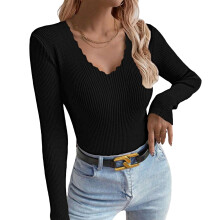 Women's loose long-sleeved V-neck knitwear-Black XL