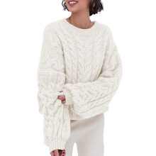 Women's chunky knit soft loose round neck pullover-White M