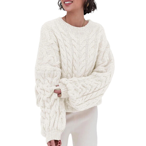 Women's chunky knit soft loose round neck pullover-White M
