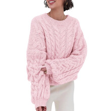 Women's chunky knit soft loose round neck pullover-Pink S
