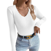 Women's loose long-sleeved V-neck knitwear-White L