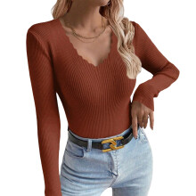 Women's loose long-sleeved V-neck knitwear-caramel color XL