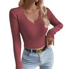 Women's loose long-sleeved V-neck knitwear-brick red M
