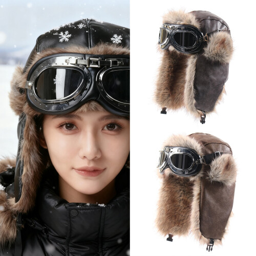 PU Leather Winter Hat with Protective Goggles Full Ear-Beige 2