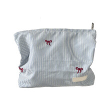 Plaids Makeup Bag,Portable Travel Cosmetic-blue stripes red bow