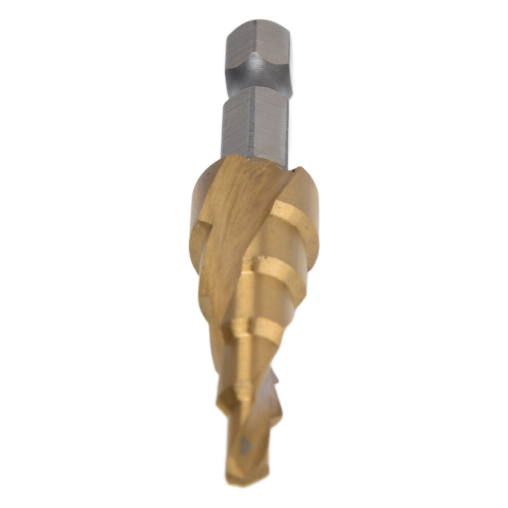 Spiral Flute Step Drill Bit 4Â12Mm Titanium Plated High Speed Steel Hex Shank 9481357833250