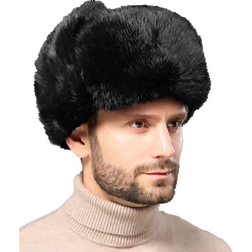 Kikidex (As Show, ) Trapper Hat Winter Russian Ushanka Hat Men Women With Faux Rabbit Fur Aviator Earflap Hat Bomber Windproof For Hunting Skiing Black