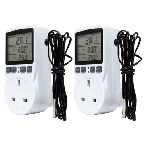 2X Digital Temperature Controller Thermostat Outlet Socket Plug Heating Cooling Timer for Homebrew Greenhouse UK