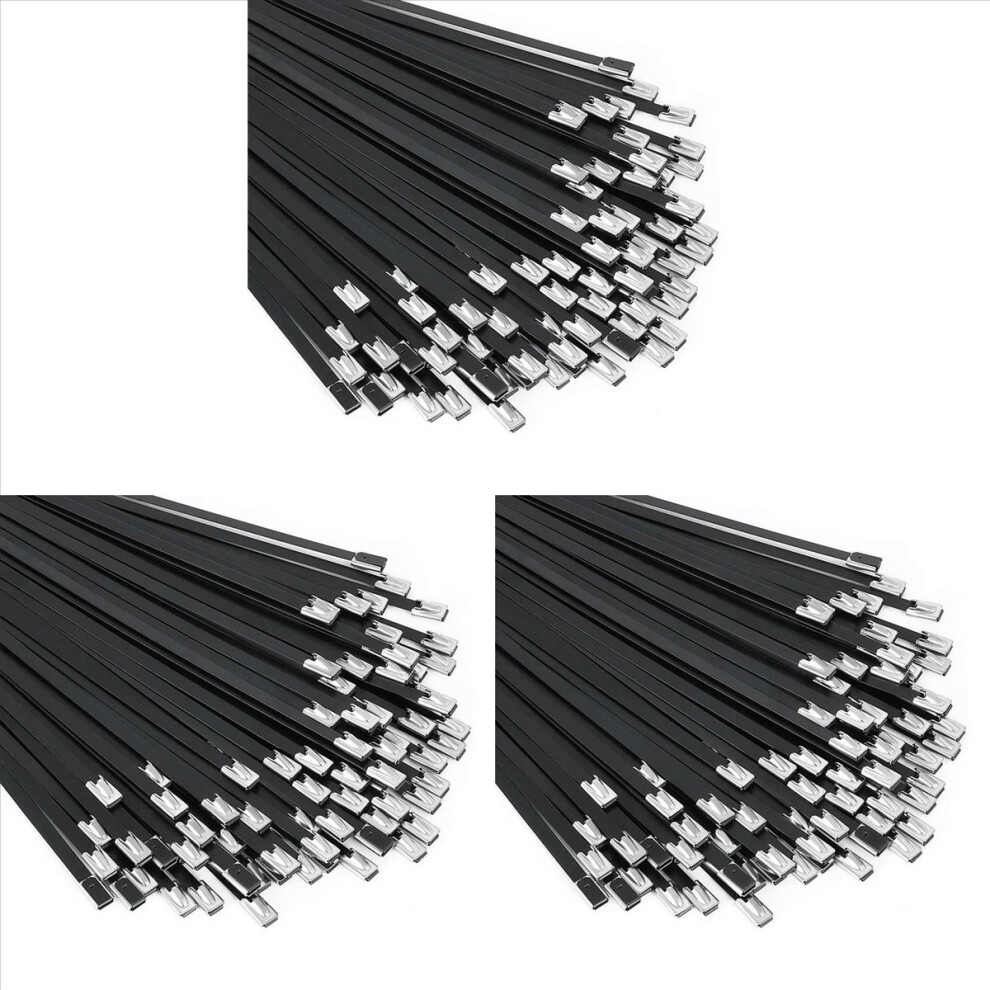 Metal Zip Ties Black 300Pcs 11.8 Inch 304 Stainless Steel Epoxy Coated Cable Tie For Machinery, Vehicles, Farms, Cables 4853415677949