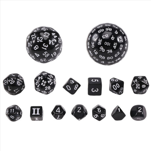 Complete set van 15 polyhedrale DND-dobbelstenen D3-D100 bolvormig 1