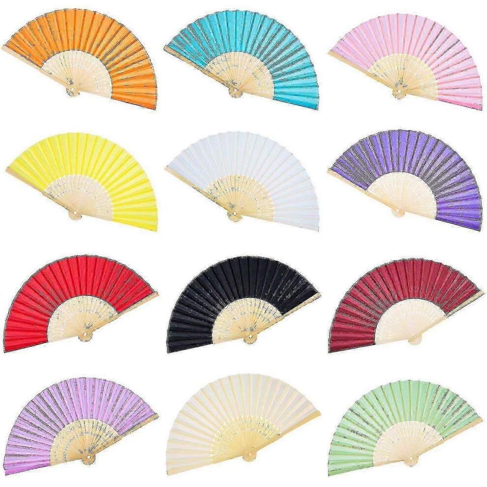 Kikidex (As Show, One Size) 12 Pack Hand Held Fans Silk Bamboo Folding Fans Handheld Folded Fan