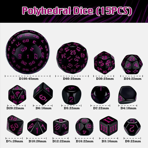 15Pieces Complete Polyhedral DND Dice Set D3-D100 for Table Games 2