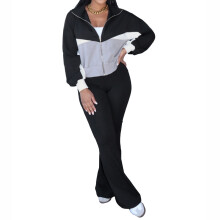 Womens Color Block Two Piece Tracksuit Sets Long Sleeve-Black S