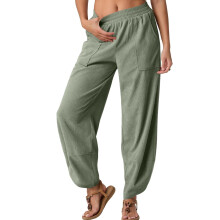 Womens Baggy Wide Leg Pants Casual Elastic Waisted-Green L