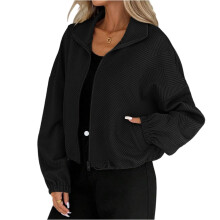 Cropped Bomber Jacket Women Textured Knit Zip Up Jacket-Black S