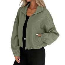 Cropped Bomber Jacket Women Textured Knit Zip Up-Army Green M