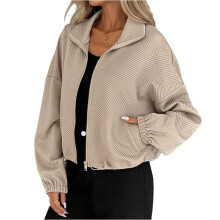 Cropped Bomber Jacket Women Textured Knit Zip Up-Khaki XL