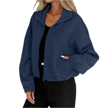 Cropped Bomber Jacket Women Textured Knit Zip Up-Navy Blue L