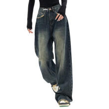 Women's Cotton Wide Leg Baggy Jeans Long Pants Retro High-L