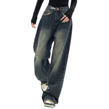 Womens Retro High Waist Wide Leg Straight Jeans Baggy Long-M