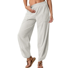 Womens Baggy Wide Leg Pants Casual Elastic Waisted-White M