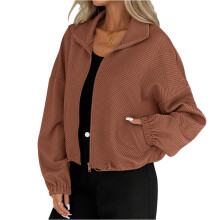 Cropped Bomber Jacket Women Textured Knit Zip-caramel color M