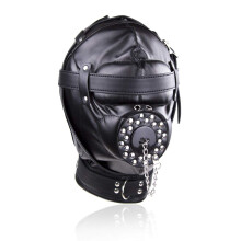 Full Face Mask Head Hood Faux Leather Open Mouth Bondage Restraints with Lid