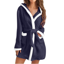 Damen-Bademantel mit Kapuze, Fleece-Bademantel,-Marineblau M
