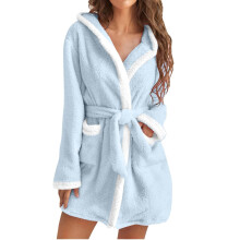 Damen-Bademantel mit Kapuze, Fleece-Bademantel,-Himmelblau M
