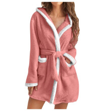 Damen-Bademantel mit Kapuze, Fleece-Bademantel,-Pink M