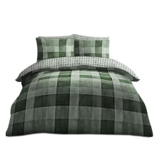 (Denim Check Green, Single) Duvet Cover Set Reversible Check Soft & Cosy Poly Cotton Printed Bedding Single Double King Size