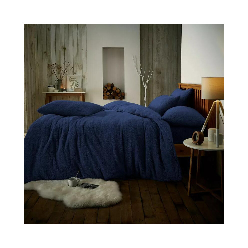 (Navy Blue, Double) Teddy Fleece Bedding Set Cosy Duvet Cover With matching Pillowcase in Single, Double, King and Super King Sizes bed-image-OPC-PMQSSKH-NEW