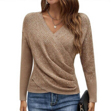 Women's V Neck Long Sleeve Off Shoulder-caramel color L