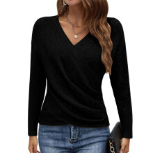 Women's V Neck Long Sleeve Off Shoulder Sweaters-Black XXL