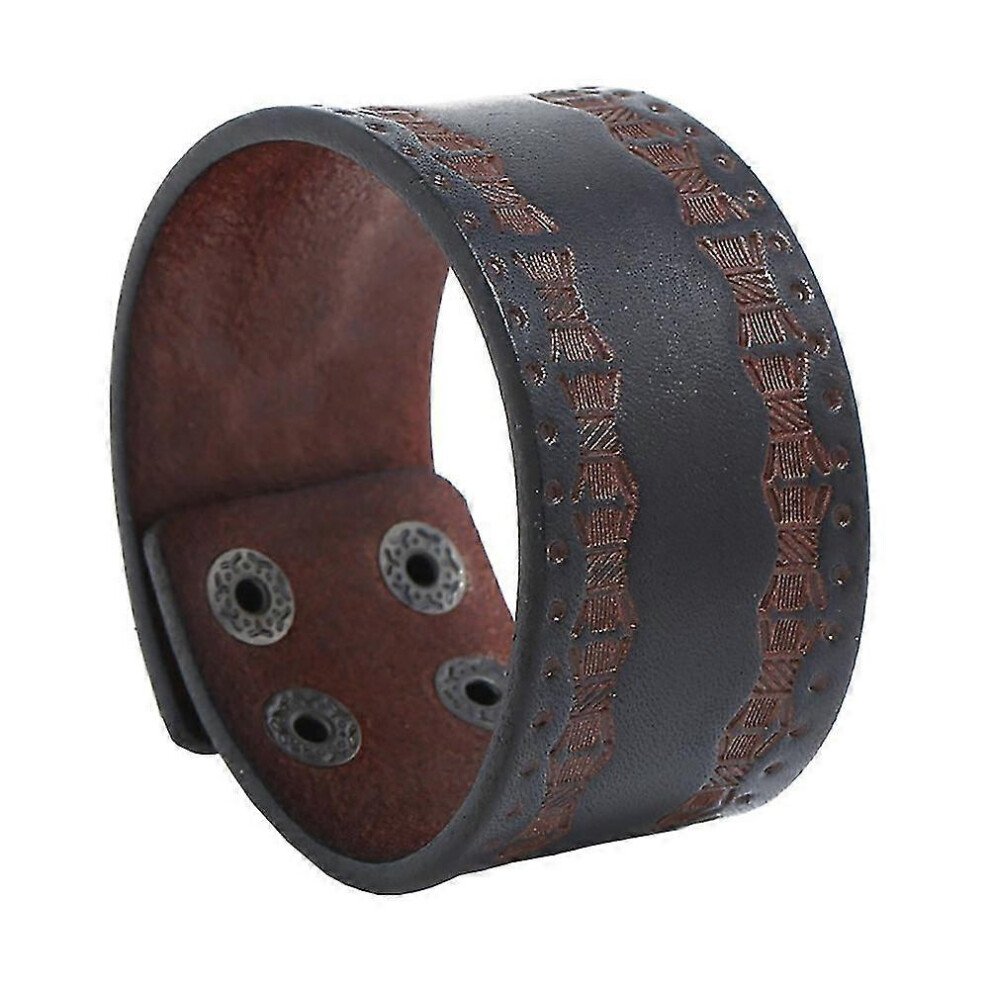 Kikidex (As Show, One Size) Vintage Men Embossed Faux Leather Buttons Wide Bracelet Bangle Wristband Decor