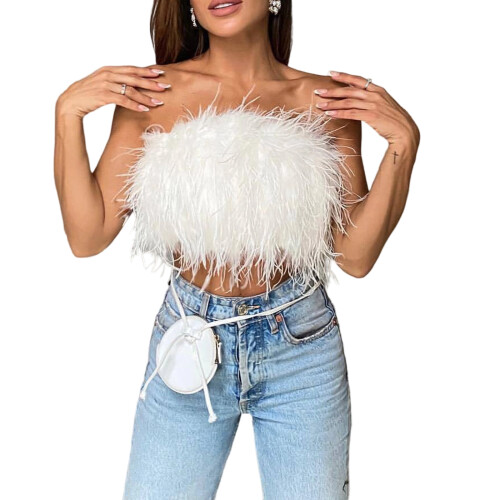 Dames tanktop van imitatiebont Strapless Bandeau Tube-Witte S