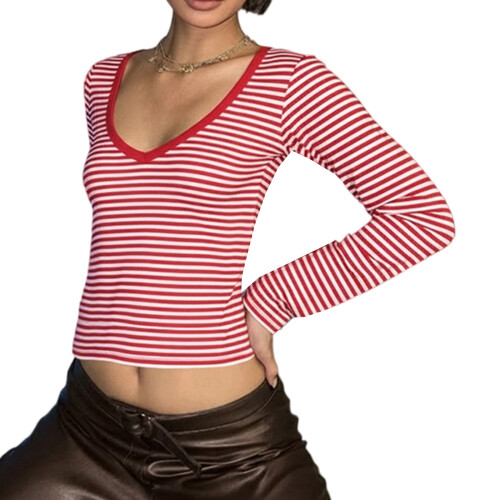 Casual gestreepte polyester cropped blouse met lange-Rode L