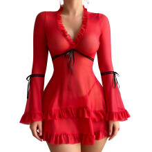 Sexiness Sheer Mesh Nightwear Set Long Sleeve Lace-Red L