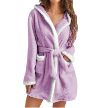 Damen-Bademantel mit Kapuze, Fleece-Bademantel,-Lila M