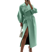 Women's double-breasted long pea coat with lapel,-Green XL