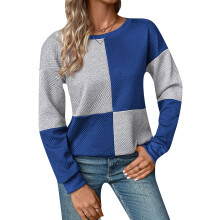 Women's Loose-fitting Long-sleeved Color Block Textured-Blue S