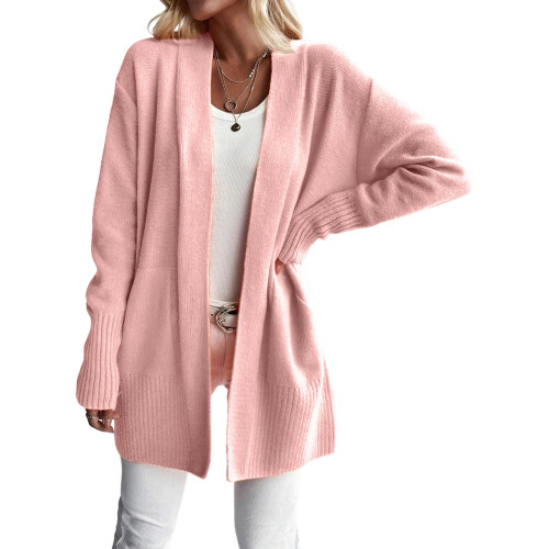 Women's Long Knitted Solid Color Cardigan-Pink XXL