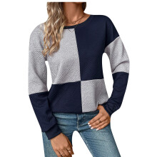 Women's Loose-fitting Long-sleeved Color Block-navy blue XL