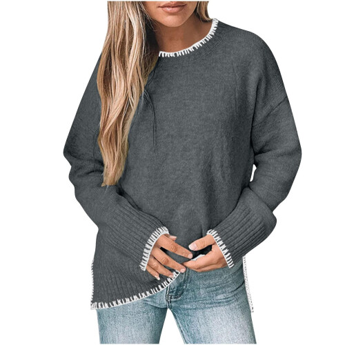 Womens Pullover Sweaters Long Sleeve Neck Casual-Dark Grey L