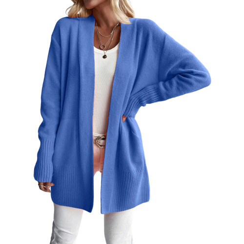 Women's Long Knitted Solid Color Cardigan-Blue XXL