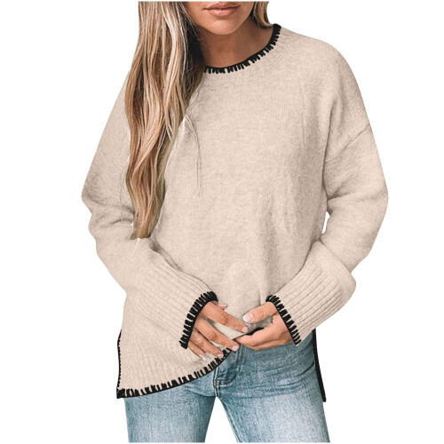Womens Pullover Sweaters Long Sleeve Neck Casual Loose-Khaki L