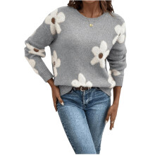 Women's Floral Pattern Round Neck Long Sleeve Casual-Gray L